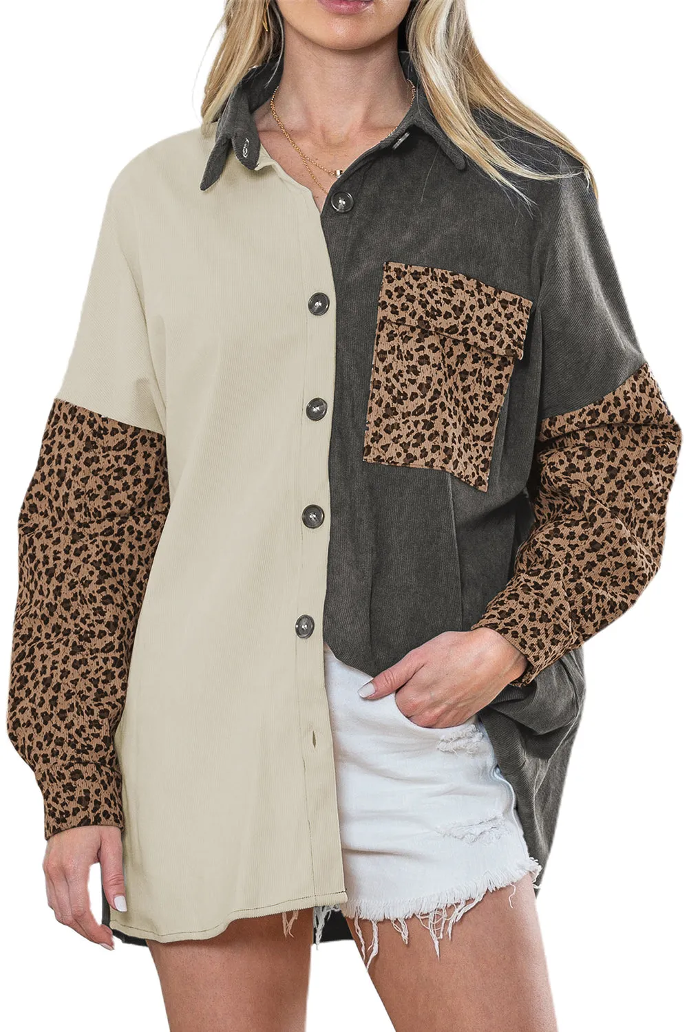 🔥 Gray Leopard Patchwork Casual Corduroy Shirt Jacket: For When You Want to Look Fierce with Minimal Effort 🔥