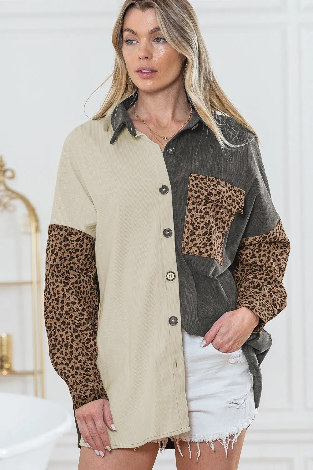 🔥 Gray Leopard Patchwork Casual Corduroy Shirt Jacket: For When You Want to Look Fierce with Minimal Effort 🔥