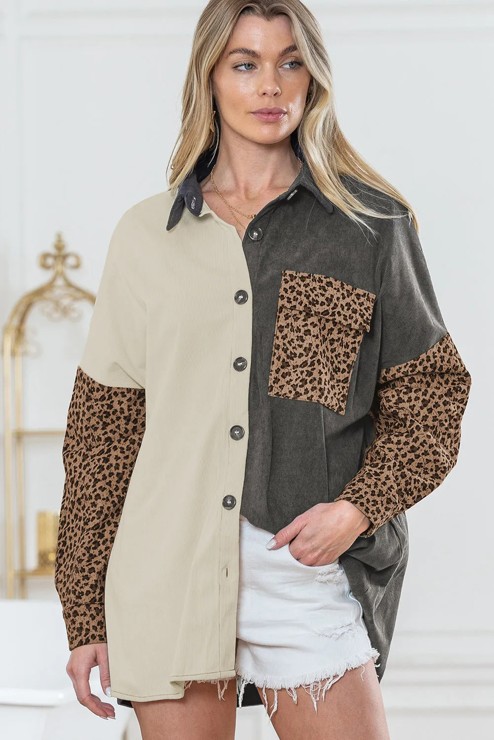 🔥 Gray Leopard Patchwork Casual Corduroy Shirt Jacket: For When You Want to Look Fierce with Minimal Effort 🔥