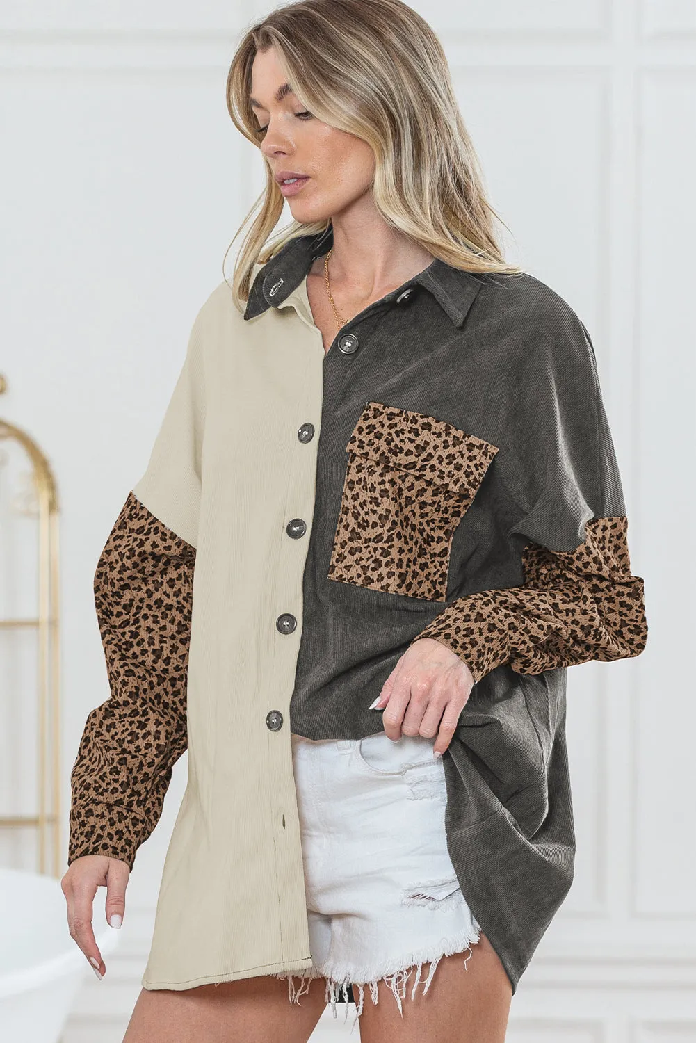 🔥 Gray Leopard Patchwork Casual Corduroy Shirt Jacket: For When You Want to Look Fierce with Minimal Effort 🔥