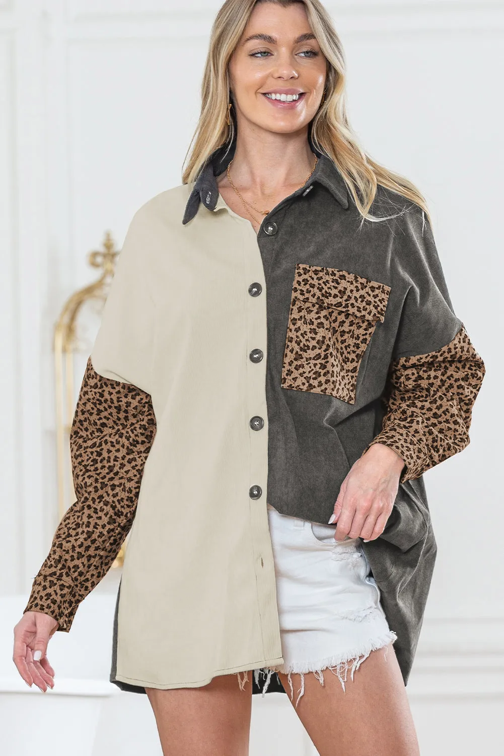 🔥 Gray Leopard Patchwork Casual Corduroy Shirt Jacket: For When You Want to Look Fierce with Minimal Effort 🔥