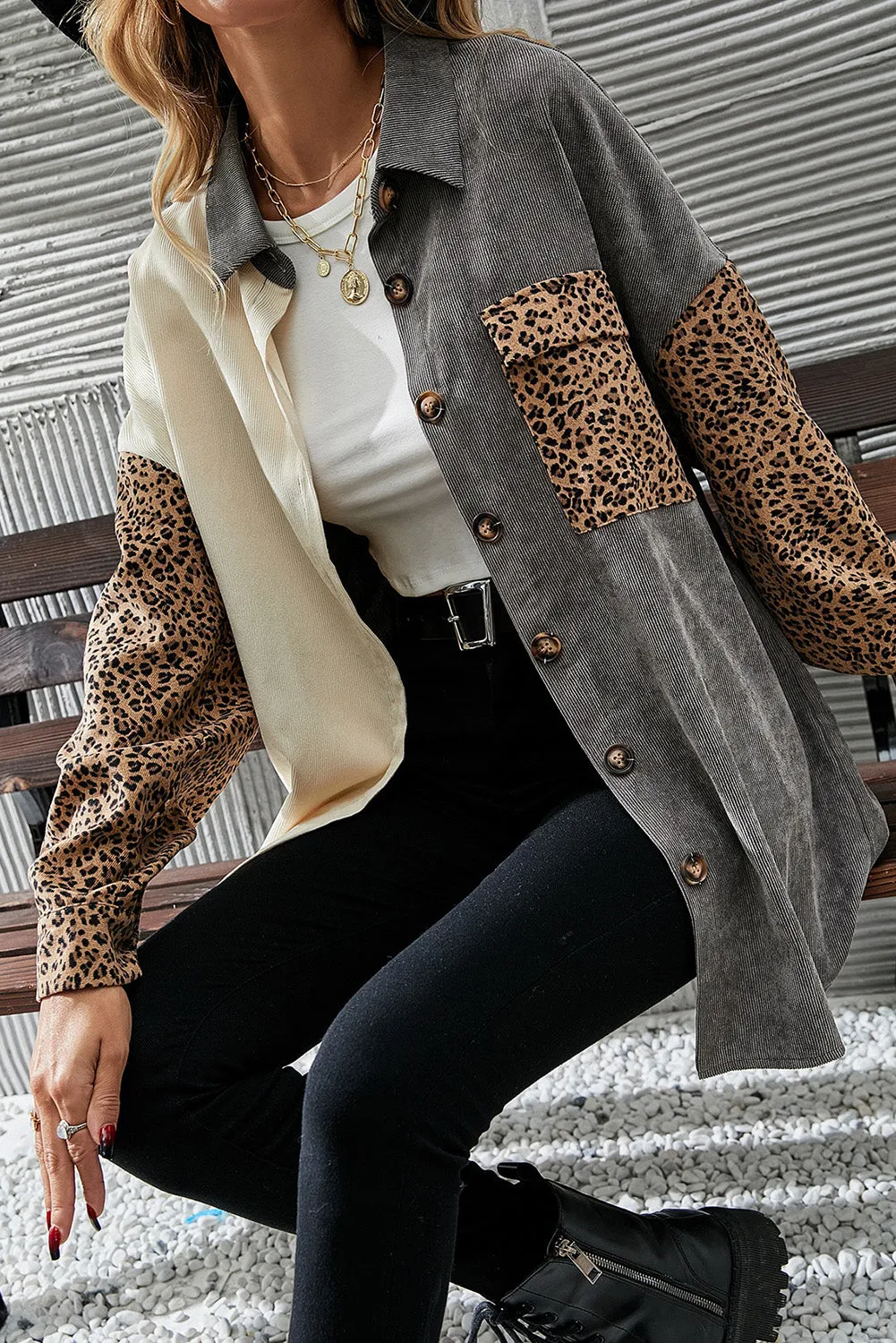 🔥 Gray Leopard Patchwork Casual Corduroy Shirt Jacket: For When You Want to Look Fierce with Minimal Effort 🔥
