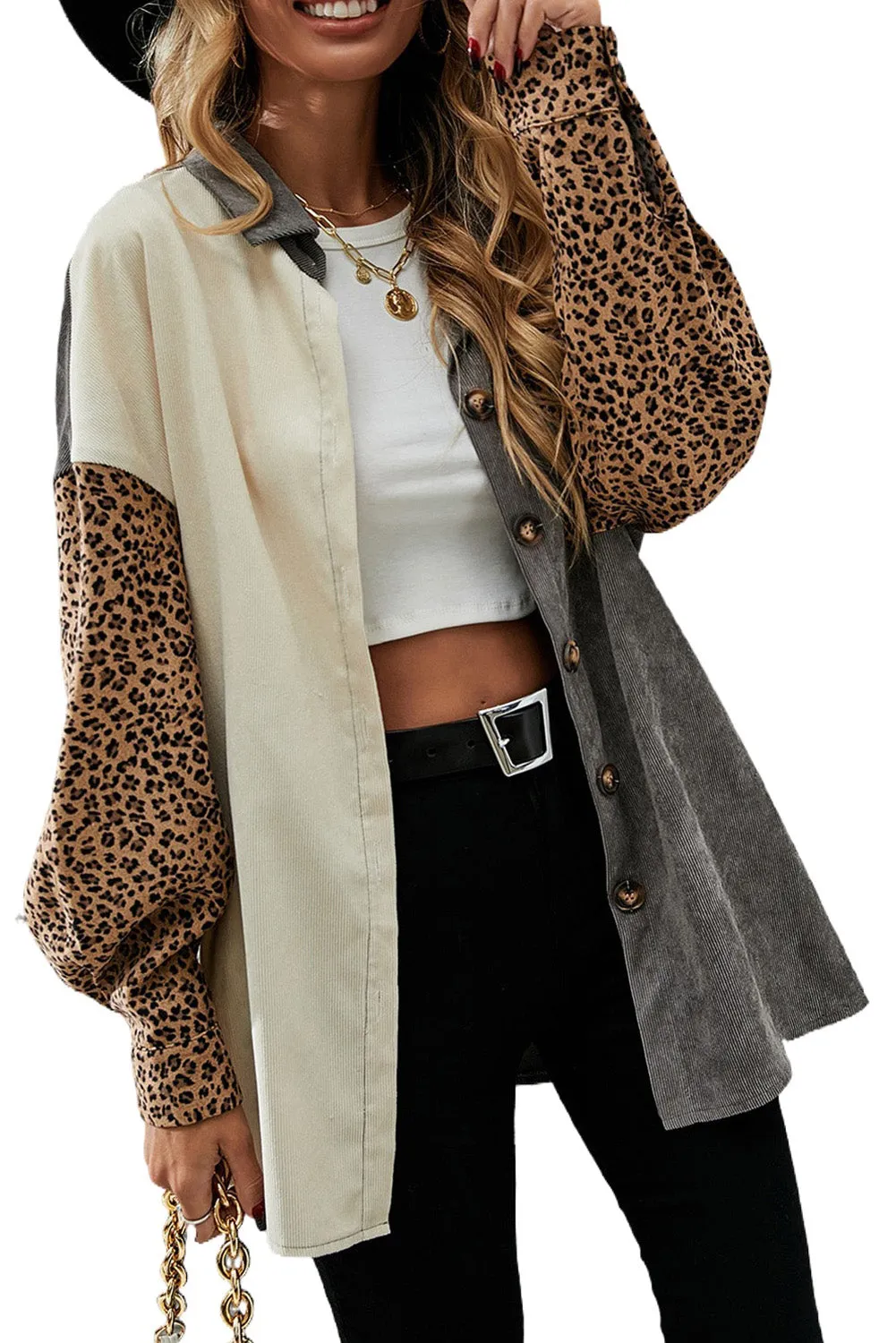 🔥 Gray Leopard Patchwork Casual Corduroy Shirt Jacket: For When You Want to Look Fierce with Minimal Effort 🔥