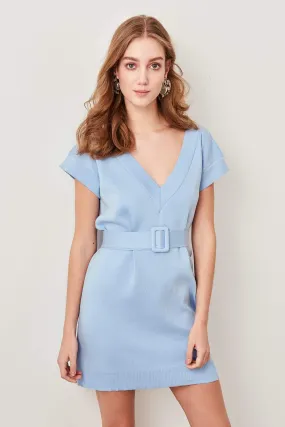 11594 Blue Belted Cotton Blend Sweater Dress