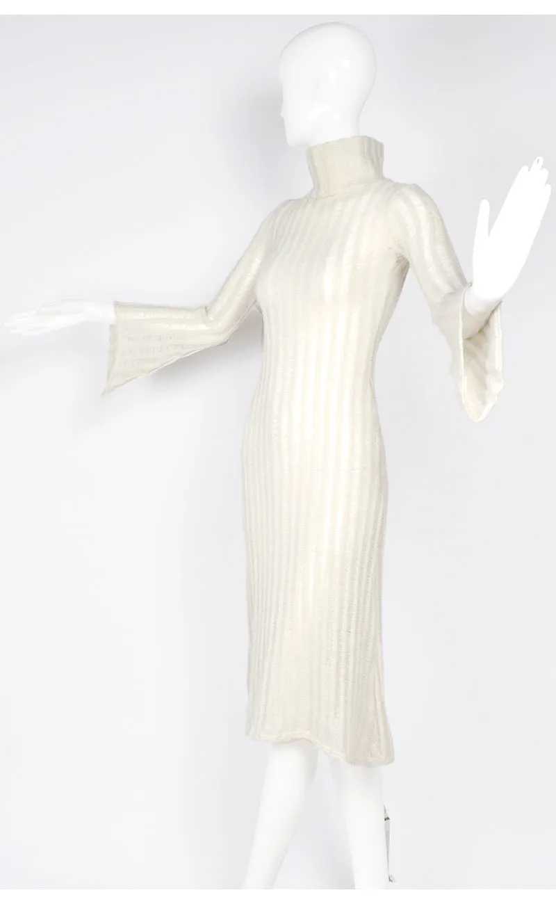 1970s Vintage Dress in Cream Wool Blend Knit With Bell Sleeves