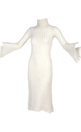 1970s Vintage Dress in Cream Wool Blend Knit With Bell Sleeves