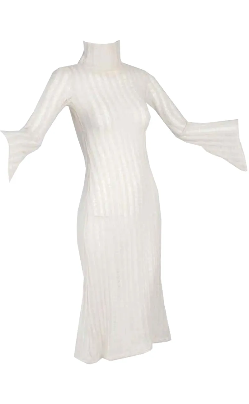 1970s Vintage Dress in Cream Wool Blend Knit With Bell Sleeves