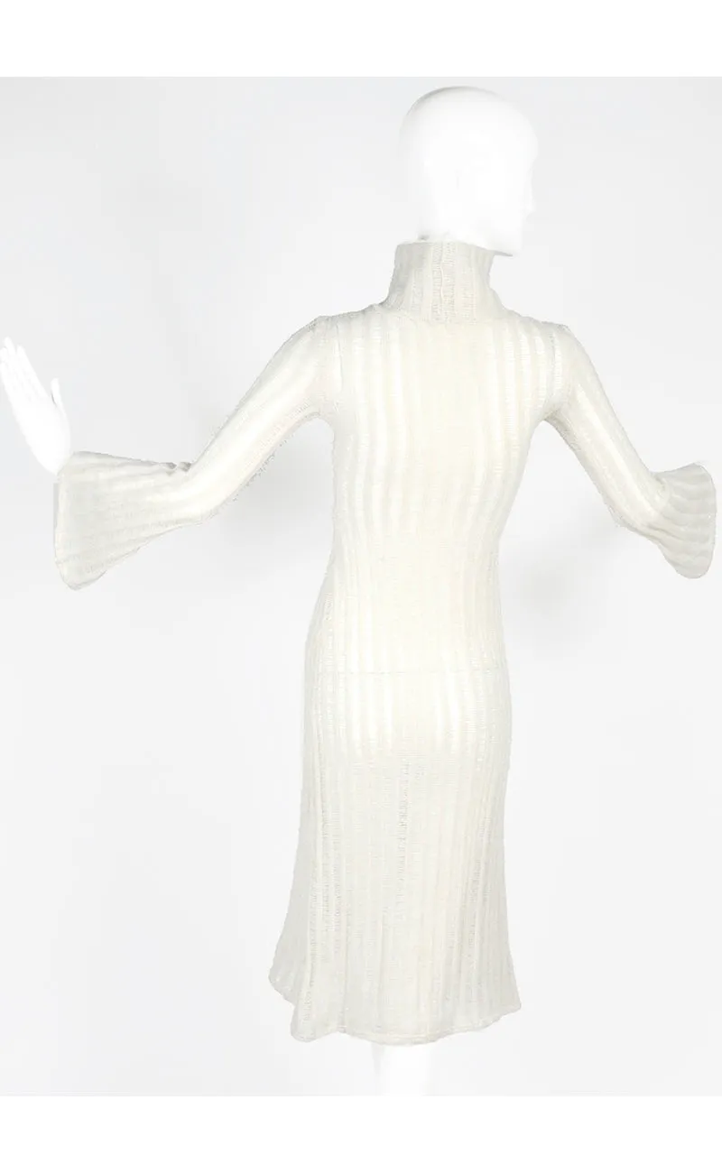 1970s Vintage Dress in Cream Wool Blend Knit With Bell Sleeves