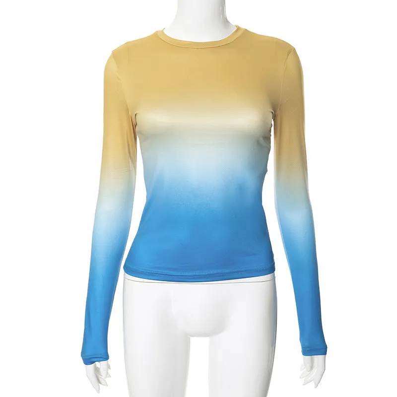 Advbridge concert outfit ideas Fashionable Gradient Printed round Neck Pullover Women's Spring and Autumn Bottoming New