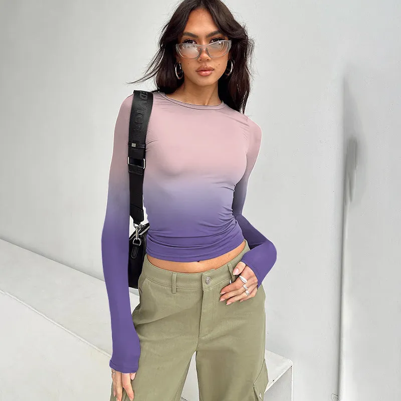 Advbridge concert outfit ideas Fashionable Gradient Printed round Neck Pullover Women's Spring and Autumn Bottoming New