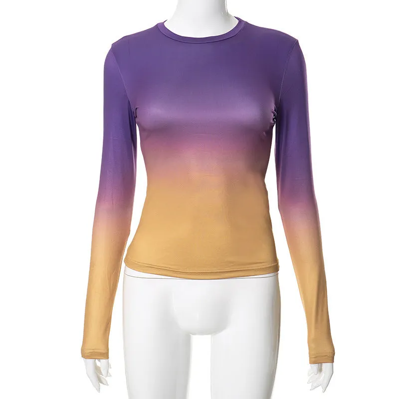 Advbridge concert outfit ideas Fashionable Gradient Printed round Neck Pullover Women's Spring and Autumn Bottoming New