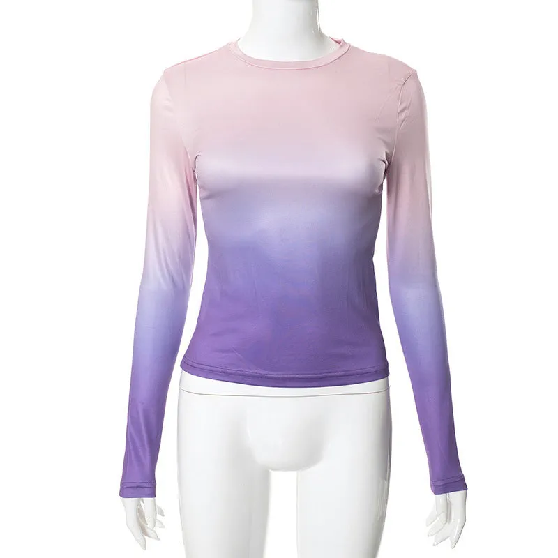 Advbridge concert outfit ideas Fashionable Gradient Printed round Neck Pullover Women's Spring and Autumn Bottoming New