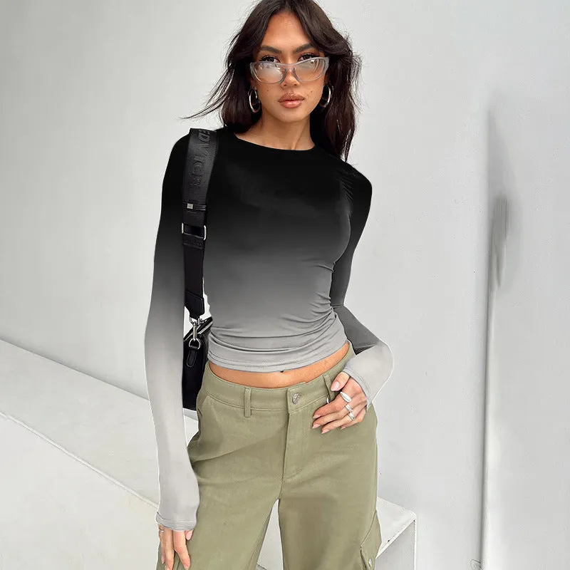 Advbridge concert outfit ideas Fashionable Gradient Printed round Neck Pullover Women's Spring and Autumn Bottoming New