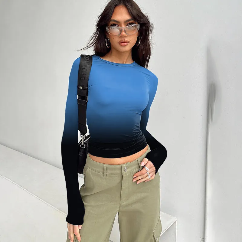 Advbridge concert outfit ideas Fashionable Gradient Printed round Neck Pullover Women's Spring and Autumn Bottoming New