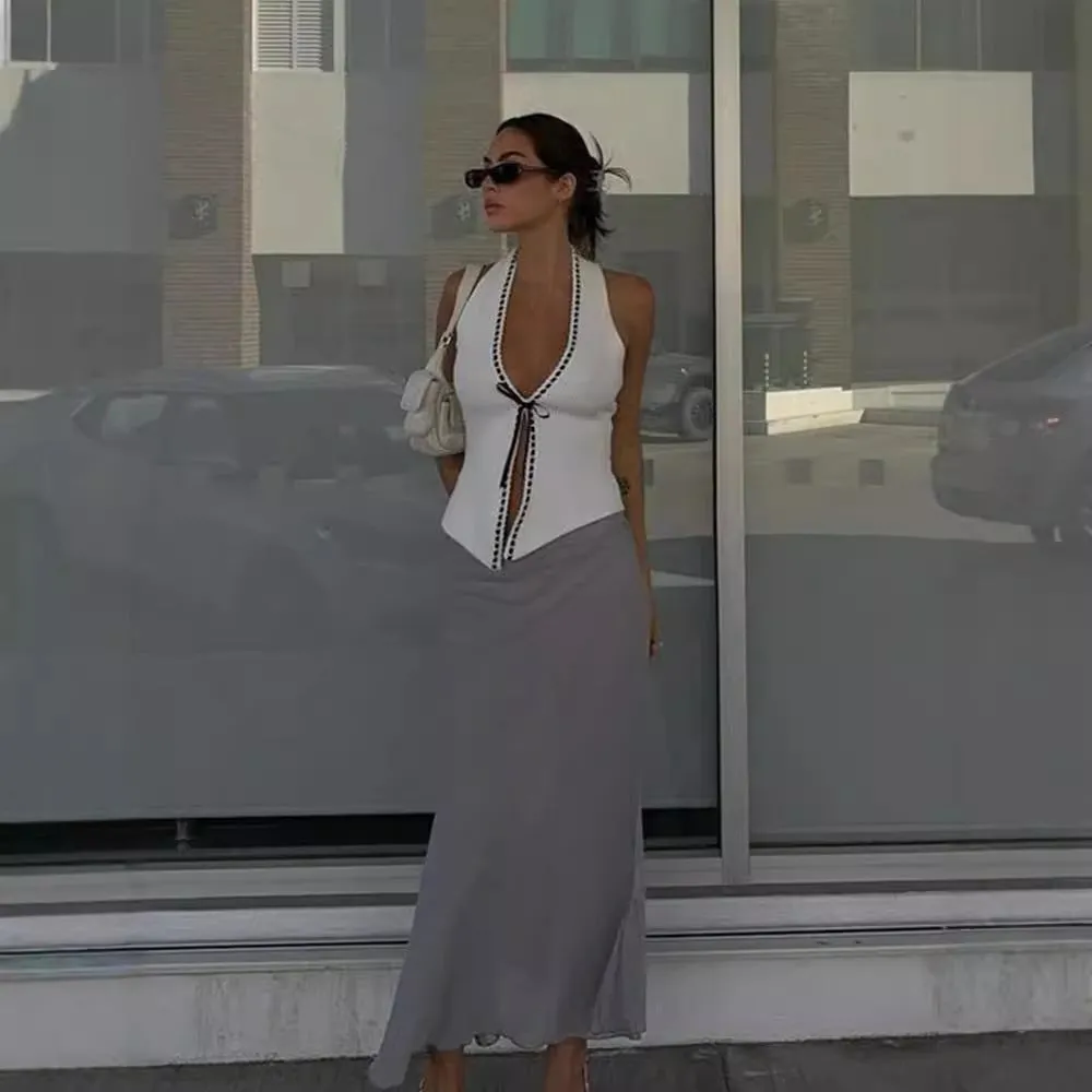 Advbridge country concert outfit 2024 Popular Summer New Fashion Casual V-neck Black and White Contrast Color Tight Top