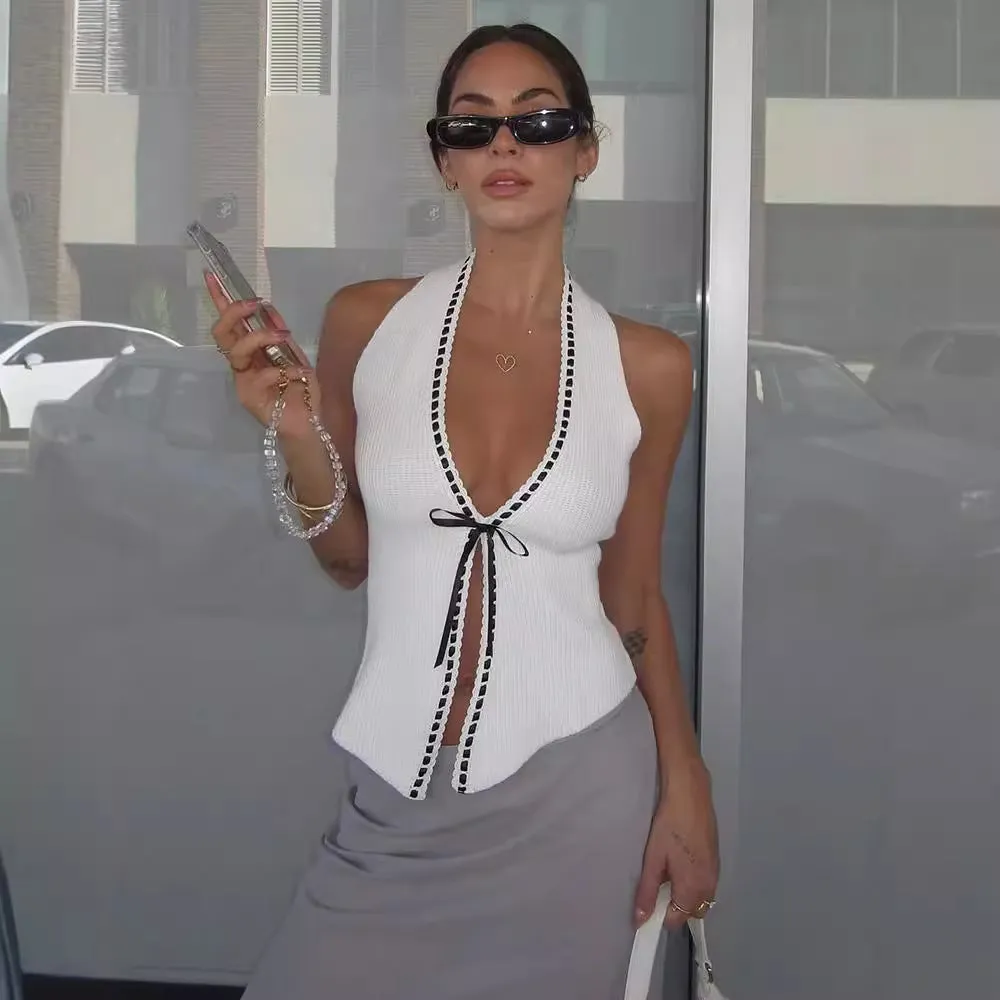 Advbridge country concert outfit 2024 Popular Summer New Fashion Casual V-neck Black and White Contrast Color Tight Top