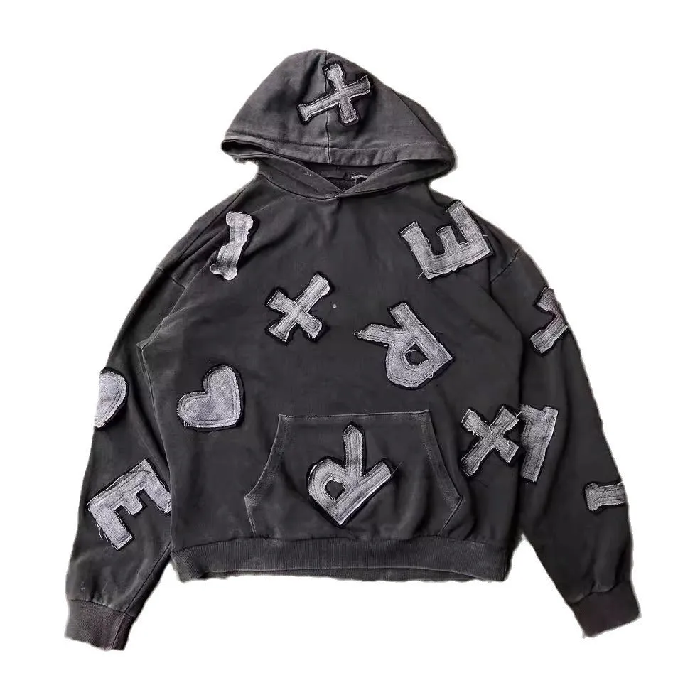 Advbridge fall outfits 2024 American-Style Retro Washed Cloth Embroidered Hoodie Old Personality Trendy Street Hip Hop Loose Men's and Women's Same Sweater