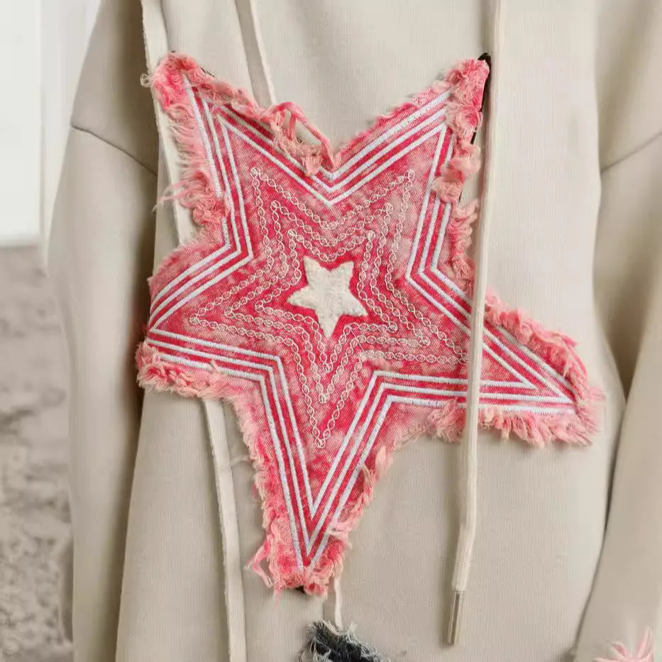 Advbridge fall outfits 2024 Y2g American Patch Thorn Star Handmade Loose Men's and Women's Same Loose Pullover Retro Harajuku Sweater