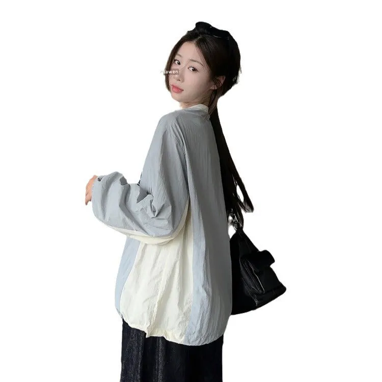 Advbridge ins styles Street V-neck American Sports Contrast Color Sweater Spring and Autumn Women's Gray Stitching Letter Printed Elastic Top