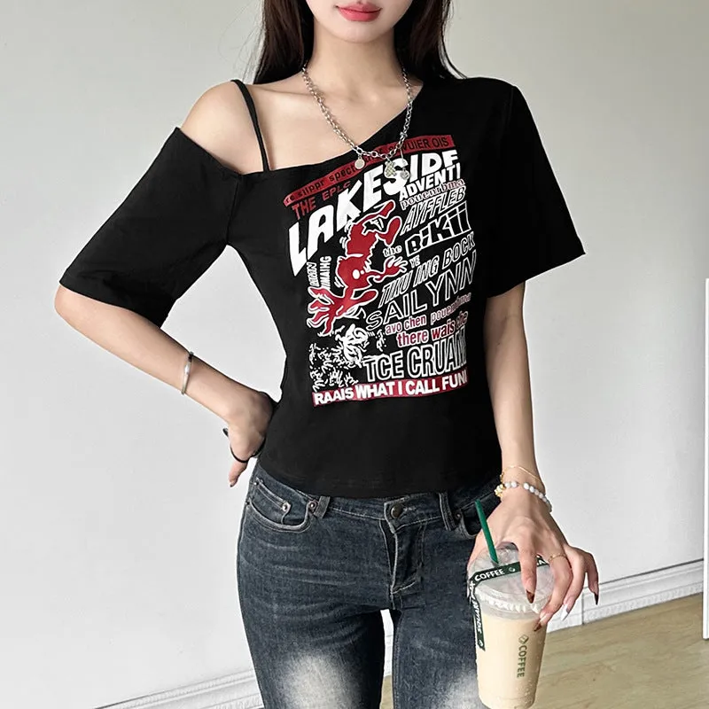 Advbridge y2k outfits Style 2024 Summer Women's Clothing New Street Fashion Hot Girl off-the-Shoulder Hollow Printed All-Match Navel Top for Women