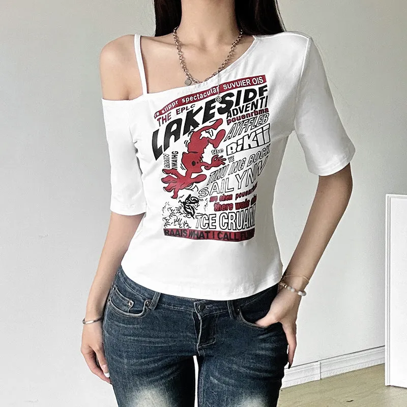 Advbridge y2k outfits Style 2024 Summer Women's Clothing New Street Fashion Hot Girl off-the-Shoulder Hollow Printed All-Match Navel Top for Women
