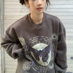 Amozae 1980s fashion trends American Retro Butterfly Print Fleece-lined Dark Gray Sweater Female Students Autumn and Winter Loose round Neck Pullover Top