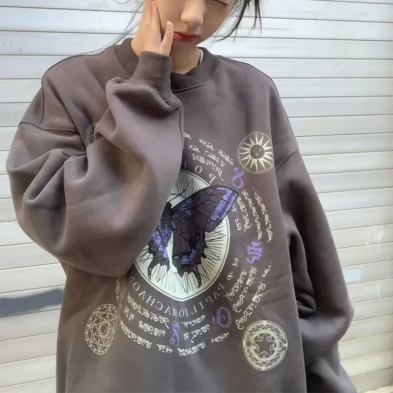 Amozae 1980s fashion trends American Retro Butterfly Print Fleece-lined Dark Gray Sweater Female Students Autumn and Winter Loose round Neck Pullover Top
