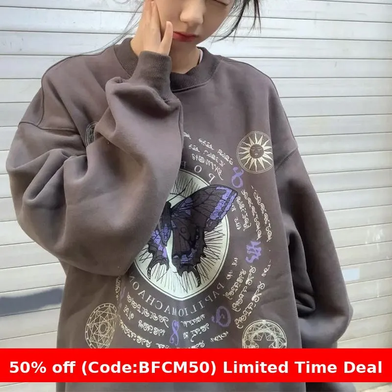 Amozae 1980s fashion trends American Retro Butterfly Print Fleece-lined Dark Gray Sweater Female Students Autumn and Winter Loose round Neck Pullover Top