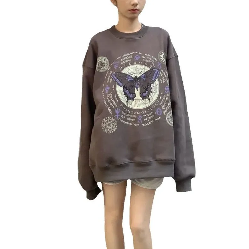 Amozae 1980s fashion trends American Retro Butterfly Print Fleece-lined Dark Gray Sweater Female Students Autumn and Winter Loose round Neck Pullover Top