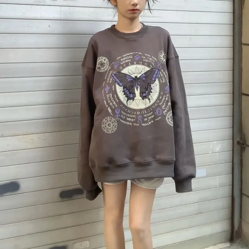 Amozae 1980s fashion trends American Retro Butterfly Print Fleece-lined Dark Gray Sweater Female Students Autumn and Winter Loose round Neck Pullover Top