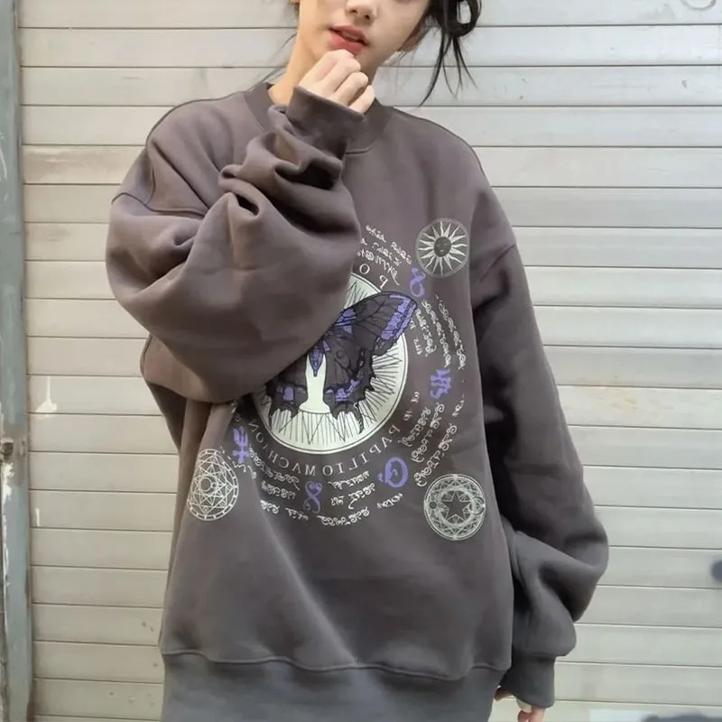 Amozae 1980s fashion trends American Retro Butterfly Print Fleece-lined Dark Gray Sweater Female Students Autumn and Winter Loose round Neck Pullover Top