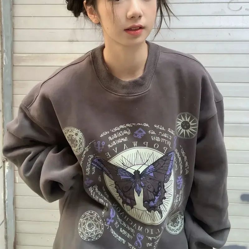 Amozae 1980s fashion trends American Retro Butterfly Print Fleece-lined Dark Gray Sweater Female Students Autumn and Winter Loose round Neck Pullover Top