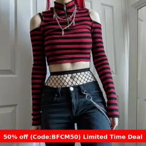 Amozae 1980s fashion trends Contrast Color Striped off-the-Shoulder Slim-Fit Short Knitted Long-Sleeved T-shirt Top Spring New
