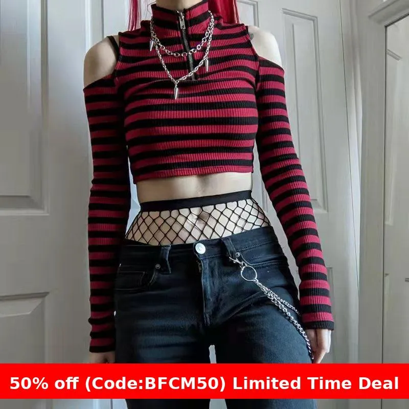Amozae 1980s fashion trends Contrast Color Striped off-the-Shoulder Slim-Fit Short Knitted Long-Sleeved T-shirt Top Spring New