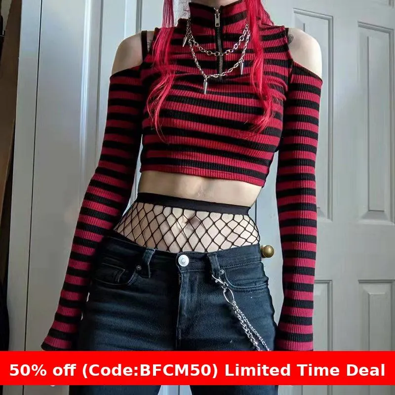 Amozae 1980s fashion trends Contrast Color Striped off-the-Shoulder Slim-Fit Short Knitted Long-Sleeved T-shirt Top Spring New