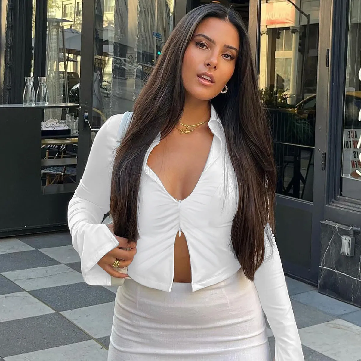 Amozae buisnesscore outfit women Hot Selling Women's Clothing 2024 Autumn New Fashion Navel Slim Zipper Lapel Long Sleeve T-shirt Top