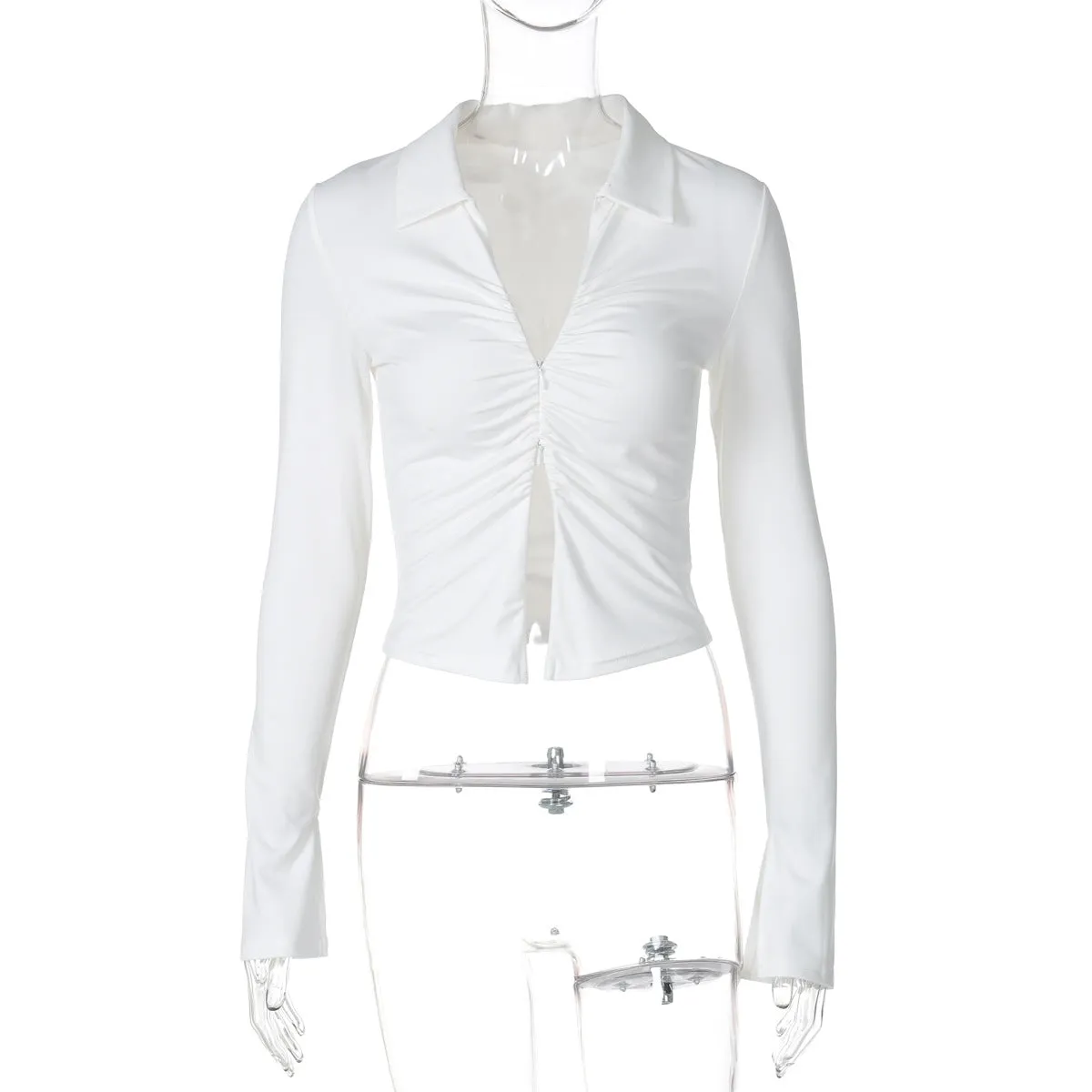 Amozae buisnesscore outfit women Hot Selling Women's Clothing 2024 Autumn New Fashion Navel Slim Zipper Lapel Long Sleeve T-shirt Top