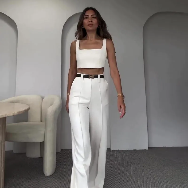 Amozae business casual outfits 2024 Summer Solid Color Square Collar Short Strap High Waist Trousers Temperament Suit Women