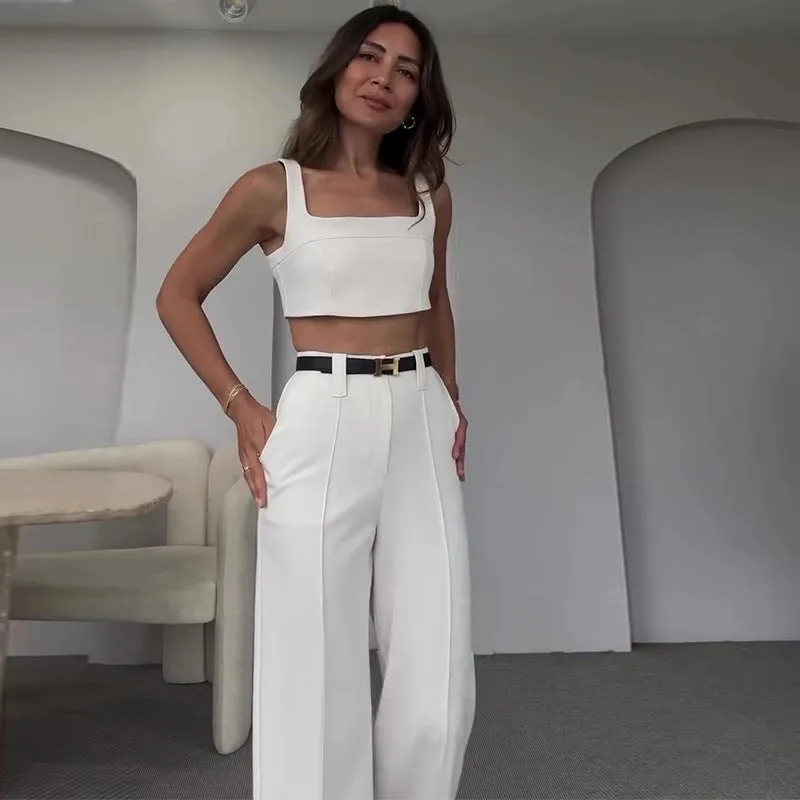 Amozae business casual outfits 2024 Summer Solid Color Square Collar Short Strap High Waist Trousers Temperament Suit Women