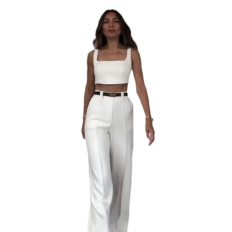 Amozae business casual outfits 2024 Summer Solid Color Square Collar Short Strap High Waist Trousers Temperament Suit Women