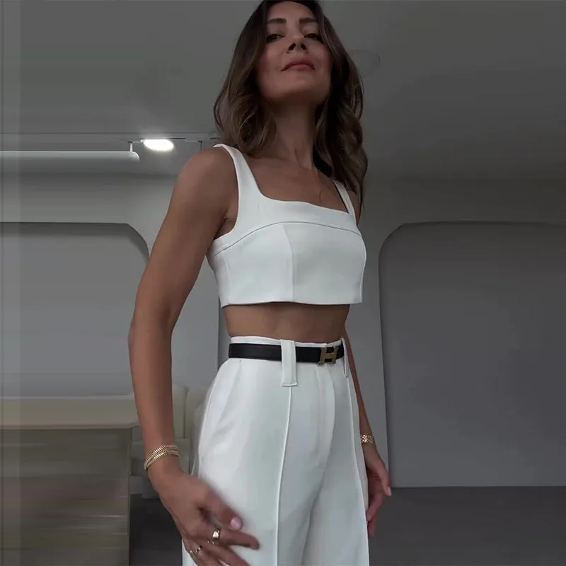 Amozae business casual outfits 2024 Summer Solid Color Square Collar Short Strap High Waist Trousers Temperament Suit Women
