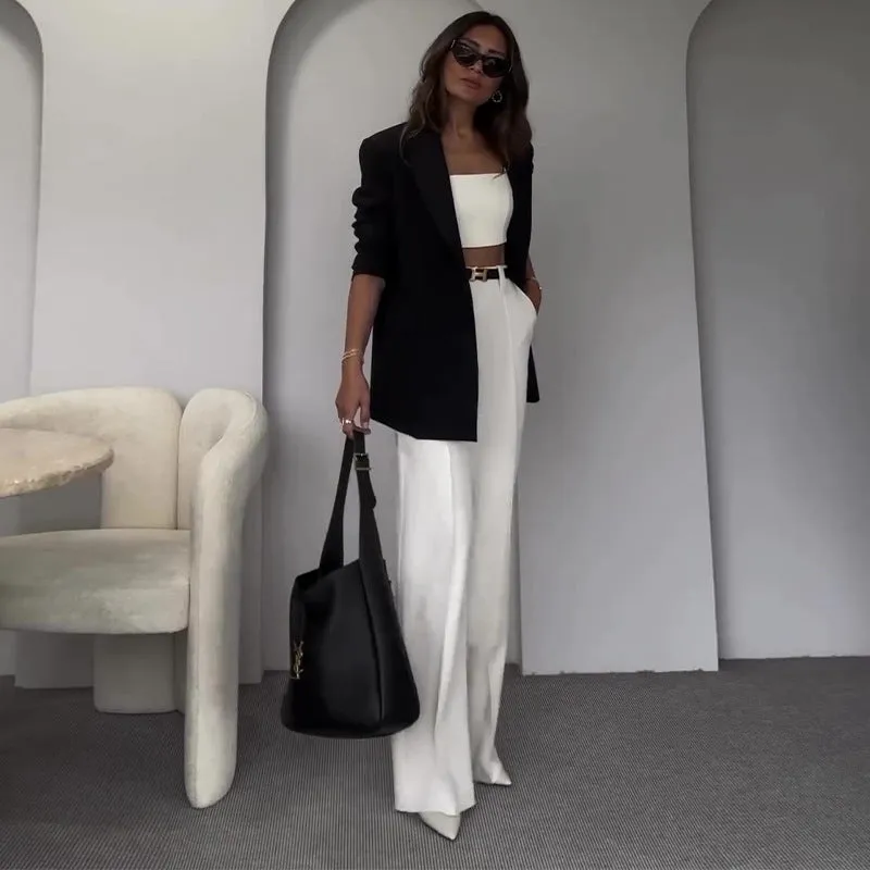 Amozae business casual outfits 2024 Summer Solid Color Square Collar Short Strap High Waist Trousers Temperament Suit Women