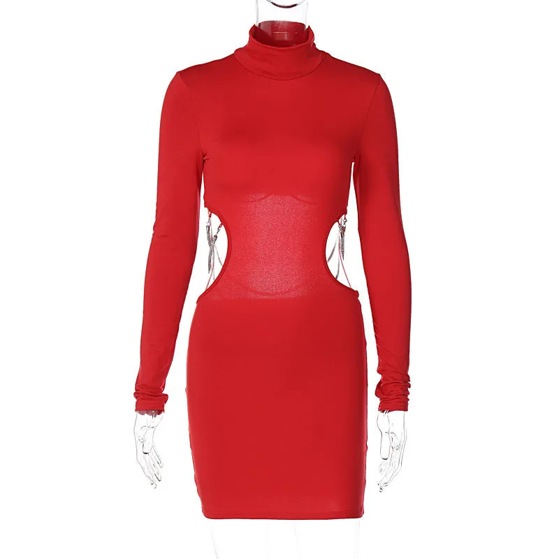 Amozae dress to impress codes New Pure Desire Style Hot Girl Backless Hollow-out Chain Splicing Versatile Long Sleeve Slim-Fit Sheath Dress
