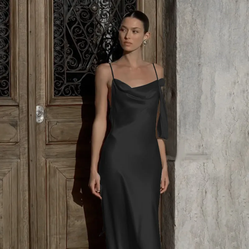 Amozae dresses Summer 2024 New Elegant Slim Dress Style Satin Pocket Collar Backless Hot Girl Dress