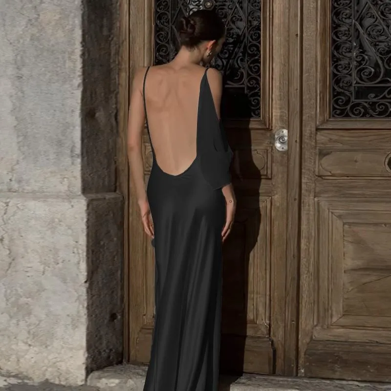 Amozae dresses Summer 2024 New Elegant Slim Dress Style Satin Pocket Collar Backless Hot Girl Dress