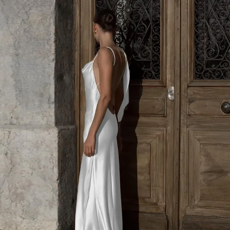 Amozae dresses Summer 2024 New Elegant Slim Dress Style Satin Pocket Collar Backless Hot Girl Dress