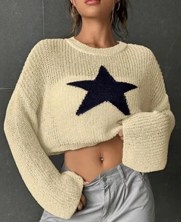 Amozae grunge outfits American Retro Star Pattern round Neck Pullover Sweater Autumn and Winter Casual off-Shoulder Navel Hollow Sweater Women's Clothing