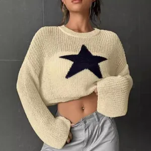 Amozae grunge outfits American Retro Star Pattern round Neck Pullover Sweater Autumn and Winter Casual off-Shoulder Navel Hollow Sweater Women's Clothing