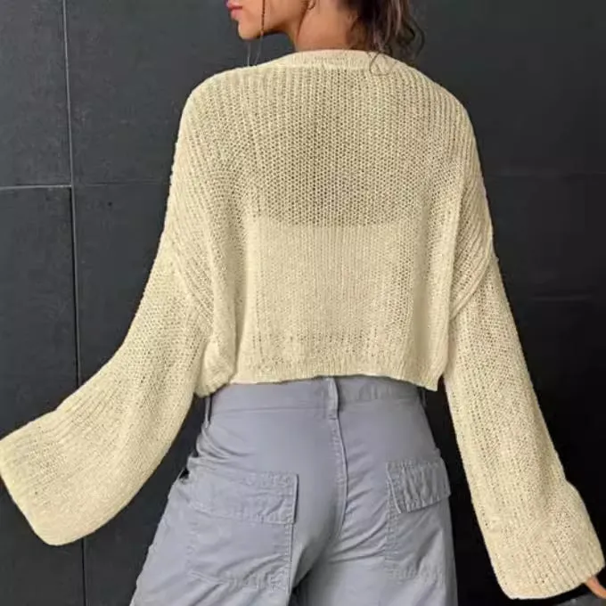 Amozae grunge outfits American Retro Star Pattern round Neck Pullover Sweater Autumn and Winter Casual off-Shoulder Navel Hollow Sweater Women's Clothing
