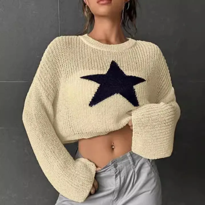 Amozae grunge outfits American Retro Star Pattern round Neck Pullover Sweater Autumn and Winter Casual off-Shoulder Navel Hollow Sweater Women's Clothing